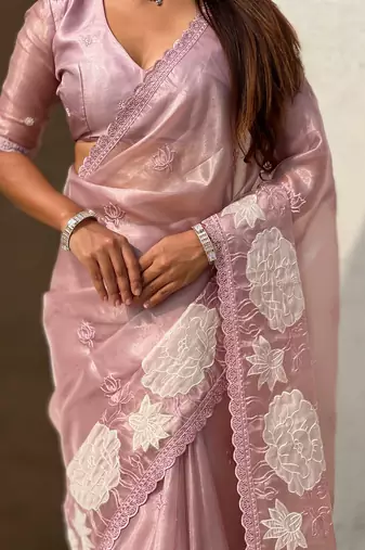 Lavender thread embroidery floral work organza    elegant party wear style  designer saree  with blouse piece