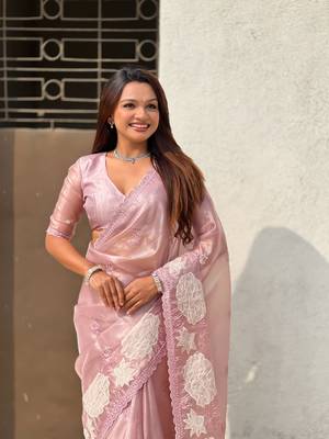 Lavender thread embroidery floral work organza    elegant party wear style  designer saree  with blouse piece 5