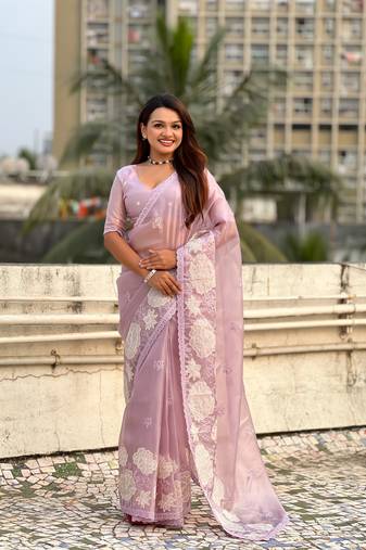 Dusty pink thread embroidery floral work organza    elegant party wear style  designer saree  with blouse piece