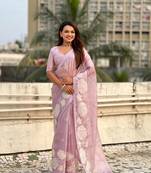 Dusty pink thread embroidery floral work organza    elegant party wear style  designer saree  with blouse piece