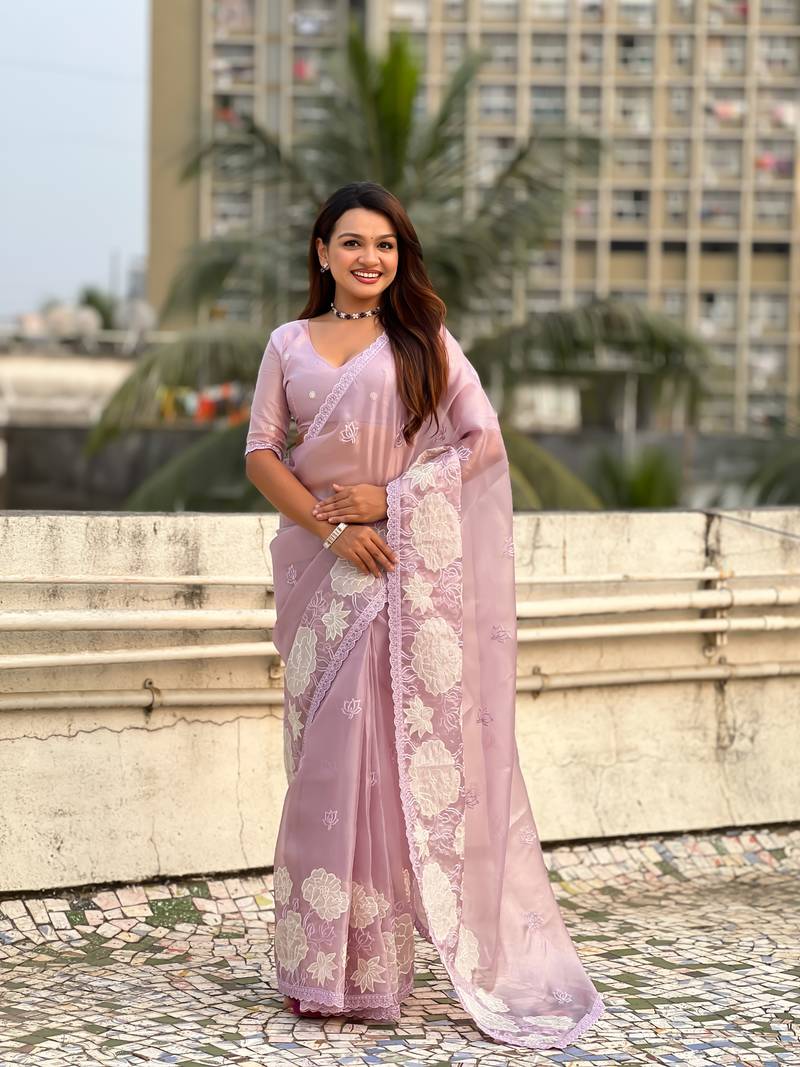Dusty pink thread embroidery floral work organza    elegant party wear style  designer saree  with blouse piece