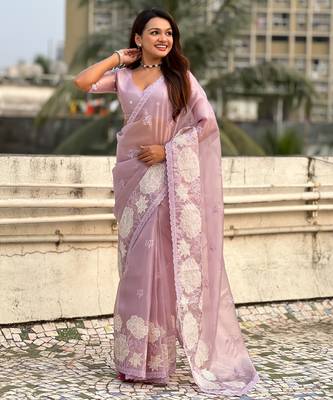 Dusty pink thread embroidery floral work organza    elegant party wear style  designer saree  with blouse piece 2