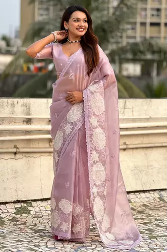 Dusty pink thread embroidery floral work organza    elegant party wear style  designer saree  with blouse piece
