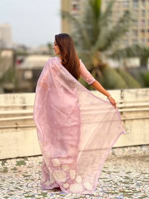Dusty pink thread embroidery floral work organza    elegant party wear style  designer saree  with blouse piece 3
