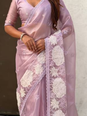 Dusty pink thread embroidery floral work organza    elegant party wear style  designer saree  with blouse piece 4