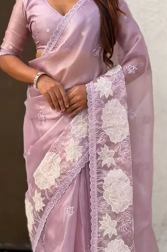 Dusty pink thread embroidery floral work organza    elegant party wear style  designer saree  with blouse piece