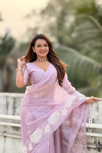 Dusty pink thread embroidery floral work organza    elegant party wear style  designer saree  with blouse piece