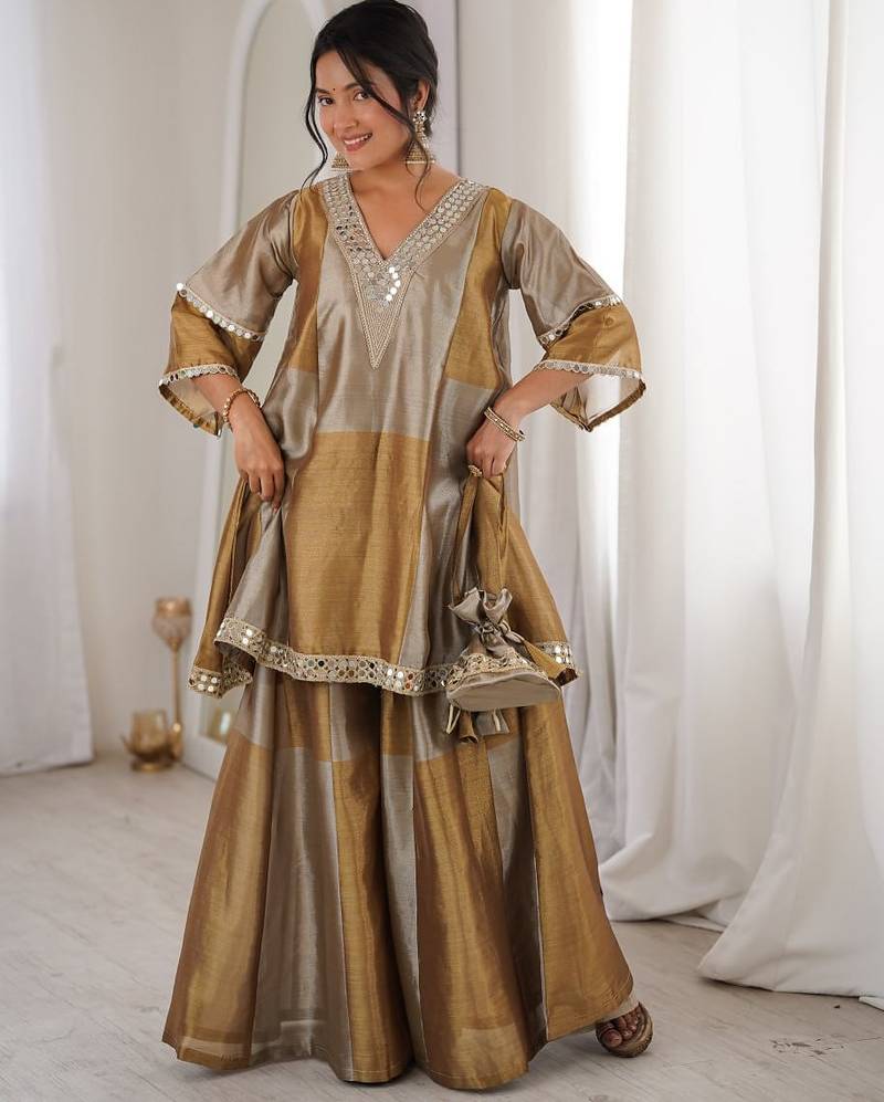 Brown embroidered & mirror lace work stitched kurta, bottom with batwa