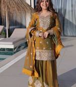 Mehendi zari & sequins embroidered work stitched top sharara with dupatta set for women