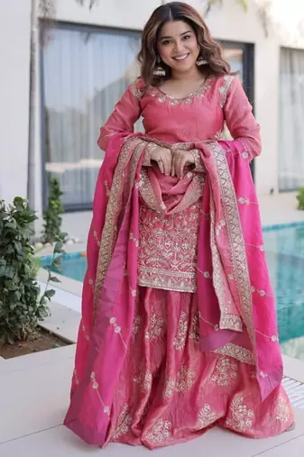 Peach zari & sequins embroidered work stitched kurta sharara with dupatta set for women