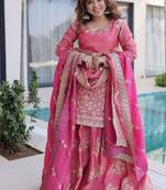 Peach zari & sequins embroidered work stitched kurta sharara with dupatta set for women
