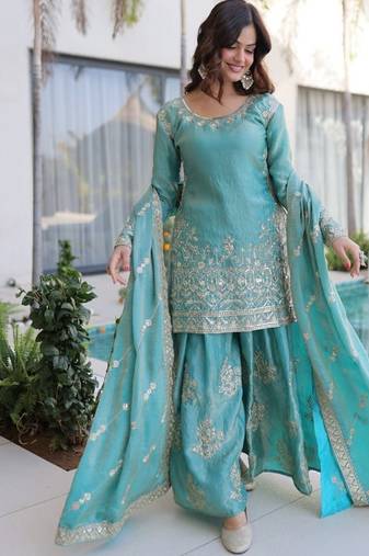 Sky blue zari & sequins embroidered work stitched kurta sharara with dupatta set for women