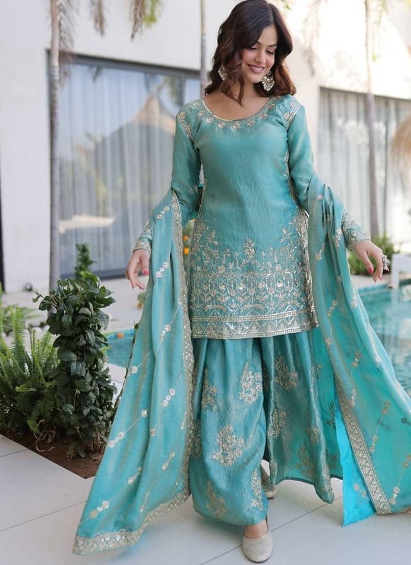 Sky blue zari & sequins embroidered work stitched kurta sharara with dupatta set for women