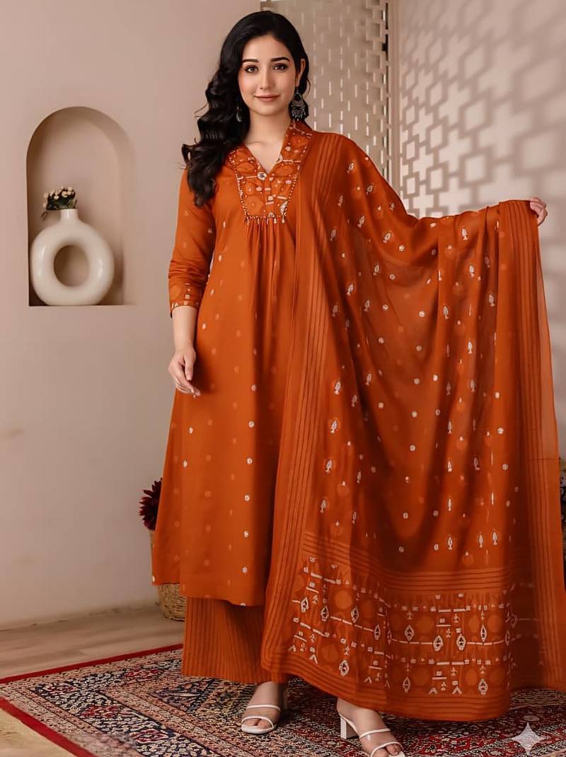 Cotton cambric a-line  kurti-pant-dupatta set