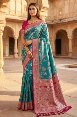 Sea green soft silk blend saree with zari weaving meenakari design 1