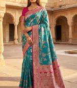 Sea green soft silk blend saree with zari weaving meenakari design