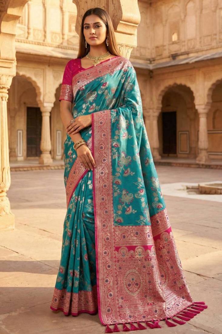 Sea green soft silk blend saree with zari weaving meenakari design