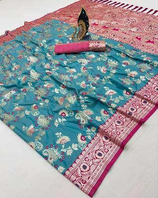Sea green soft silk blend saree with zari weaving meenakari design 2