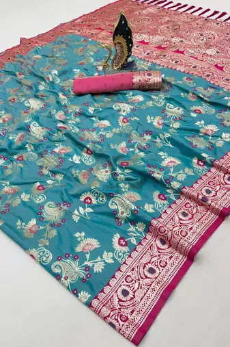 Sea green soft silk blend saree with zari weaving meenakari design
