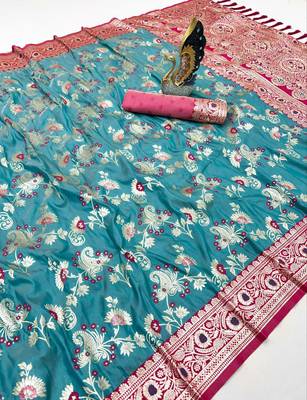 Sea green soft silk blend saree with zari weaving meenakari design 3