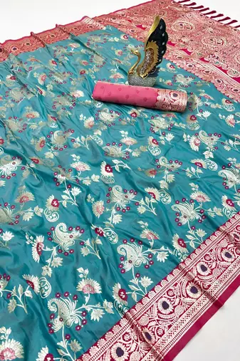 Sea green soft silk blend saree with zari weaving meenakari design