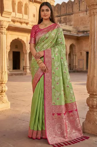 Pear  soft silk blend saree with zari weaving meenakari design