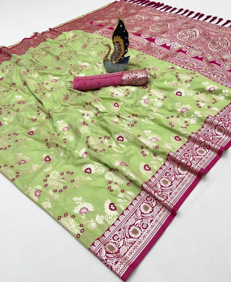 Pear  soft silk blend saree with zari weaving meenakari design