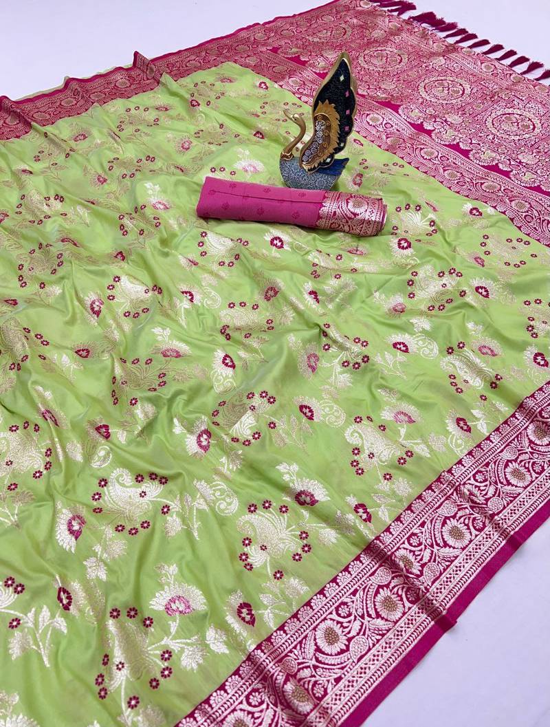 Pear  soft silk blend saree with zari weaving meenakari design