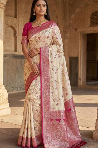 White soft silk blend saree with zari weaving meenakari design