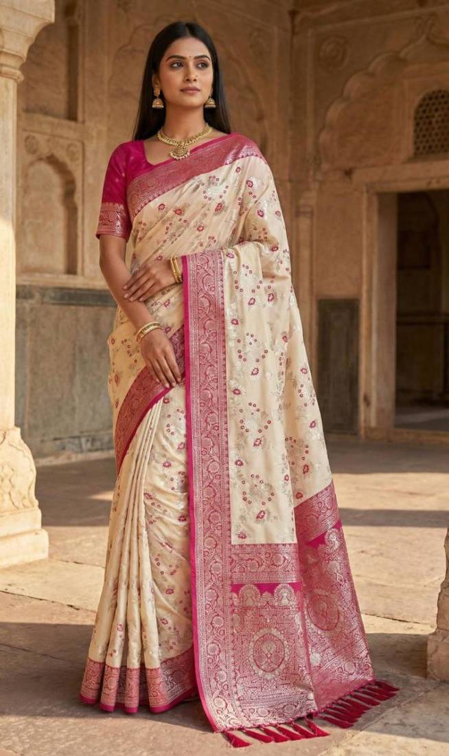White soft silk blend saree with zari weaving meenakari design