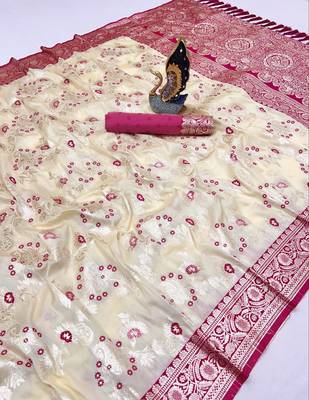 White soft silk blend saree with zari weaving meenakari design 2