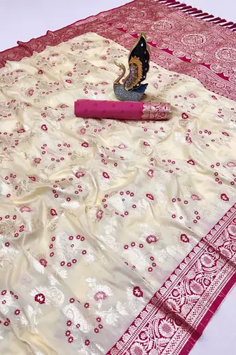 White soft silk blend saree with zari weaving meenakari design
