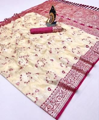 White soft silk blend saree with zari weaving meenakari design 3