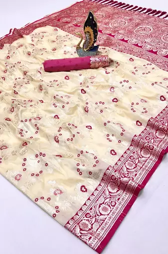 White soft silk blend saree with zari weaving meenakari design