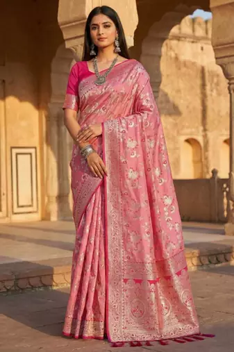 Peach soft silk blend saree with zari weaving meenakari design