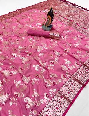 Peach soft silk blend saree with zari weaving meenakari design 2
