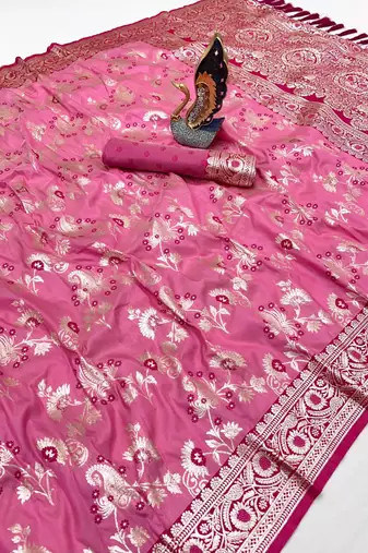 Peach soft silk blend saree with zari weaving meenakari design