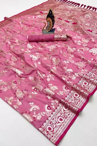 Peach soft silk blend saree with zari weaving meenakari design