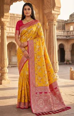 Yellow soft silk blend saree with zari weaving meenakari design 1