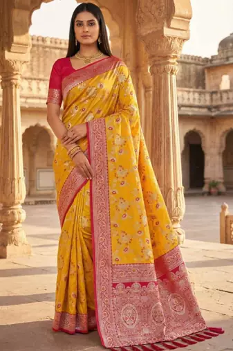 Yellow soft silk blend saree with zari weaving meenakari design