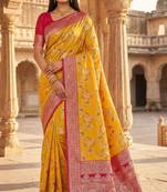 Yellow soft silk blend saree with zari weaving meenakari design