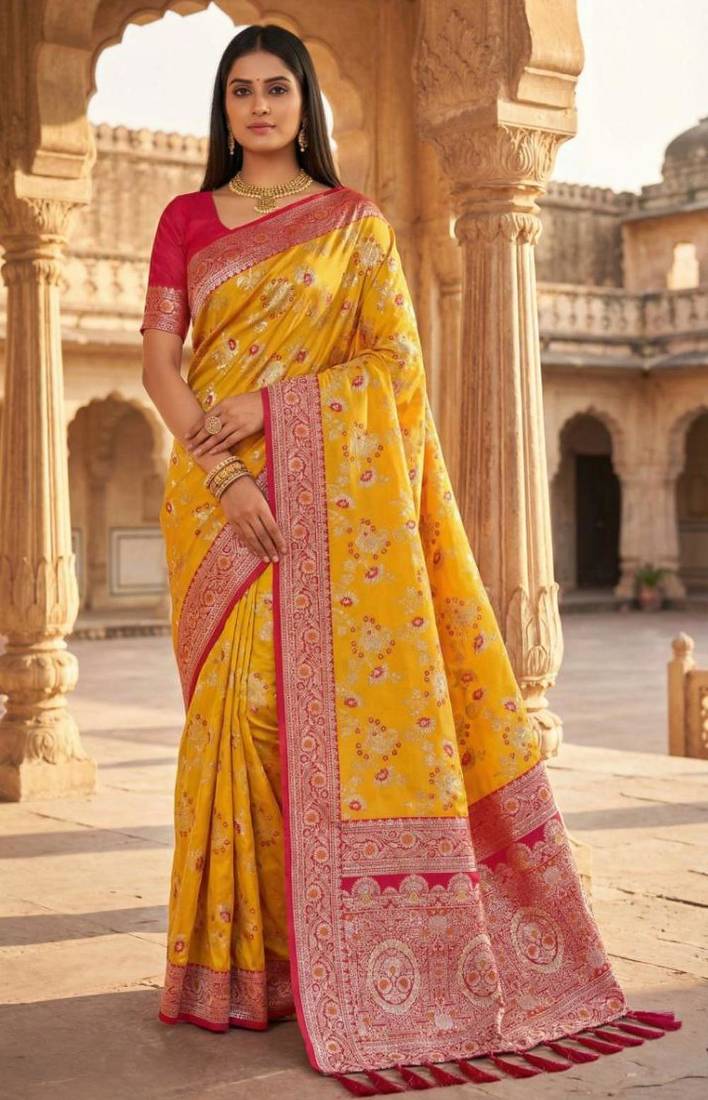 Yellow soft silk blend saree with zari weaving meenakari design