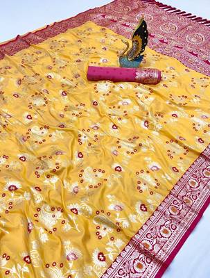 Yellow soft silk blend saree with zari weaving meenakari design 2