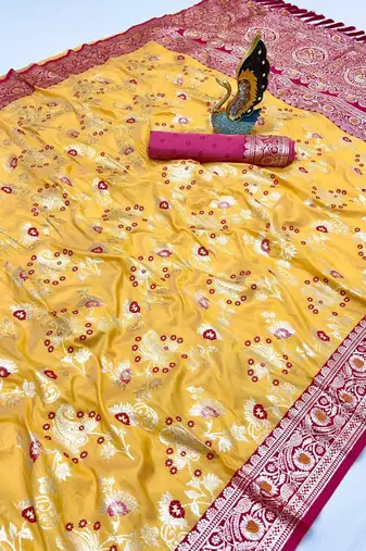 Yellow soft silk blend saree with zari weaving meenakari design