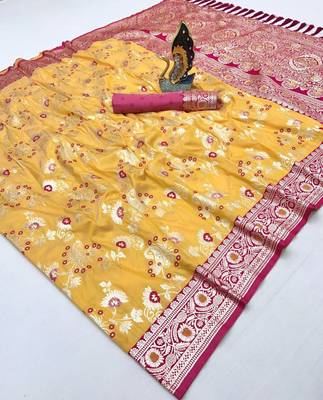 Yellow soft silk blend saree with zari weaving meenakari design 3