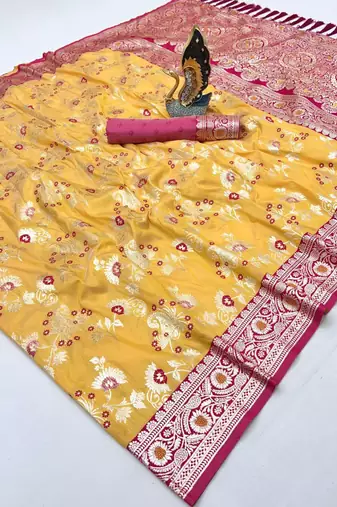Yellow soft silk blend saree with zari weaving meenakari design