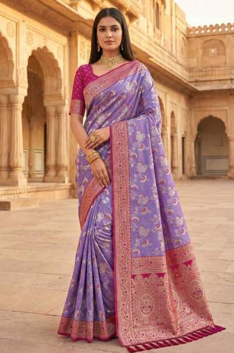 Lavender  soft silk blend saree with zari weaving meenakari design