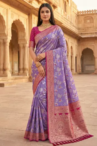 Lavender  soft silk blend saree with zari weaving meenakari design