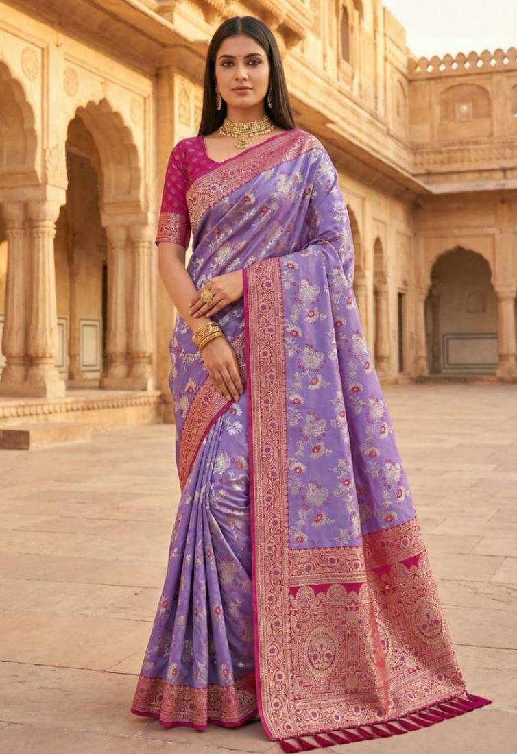 Lavender  soft silk blend saree with zari weaving meenakari design