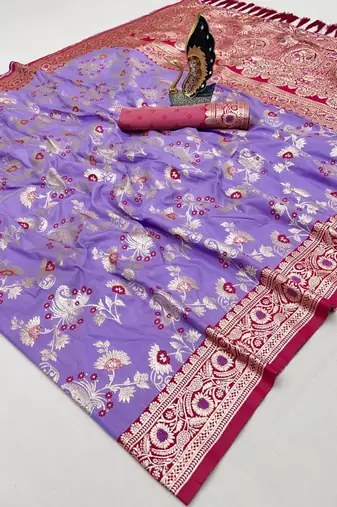 Lavender soft silk blend saree with zari weaving meenakari design